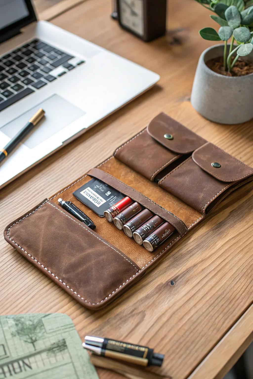 A leather pouch adds a touch of luxury to battery organization.