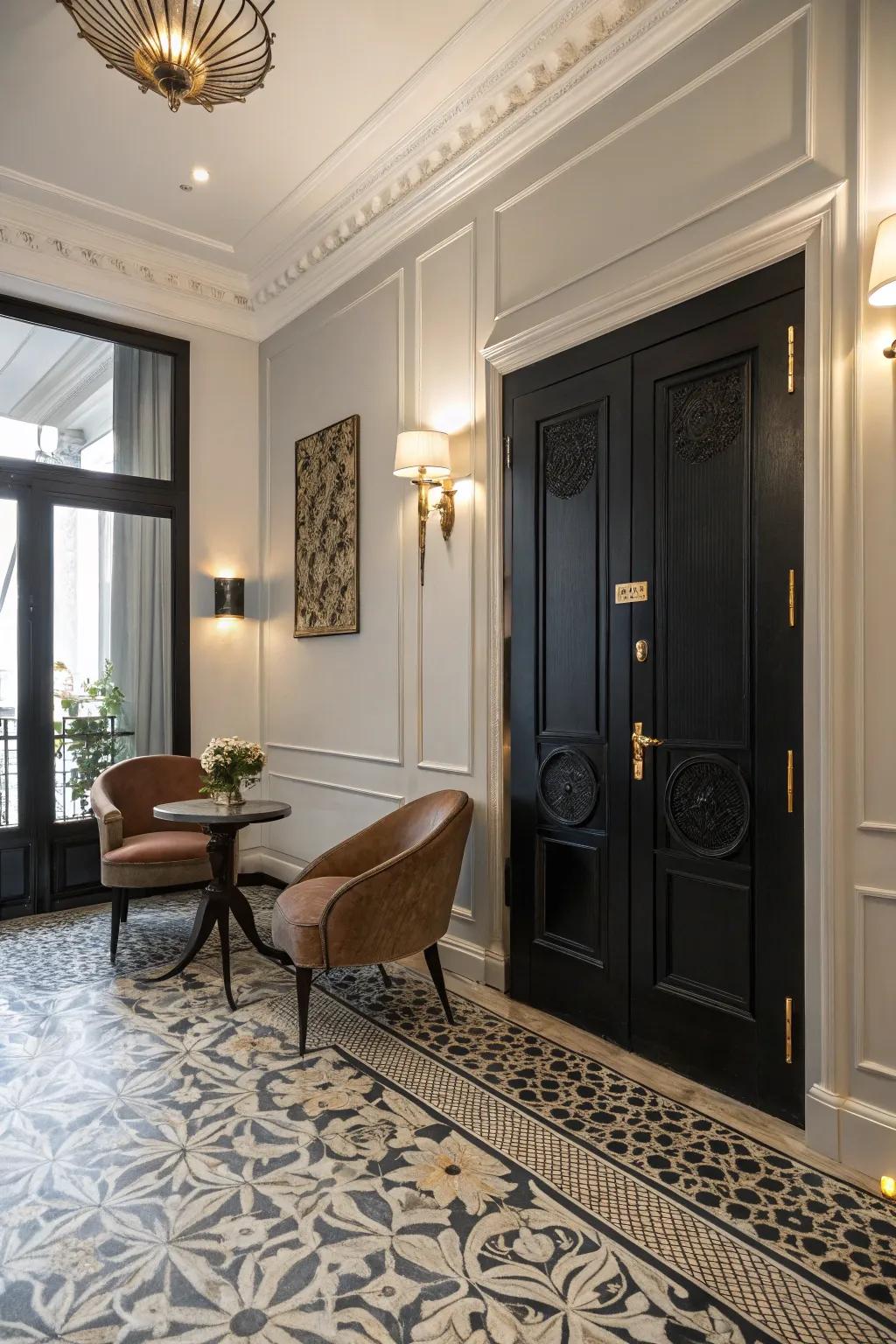 Patterned floors enhancing the look of a black door.