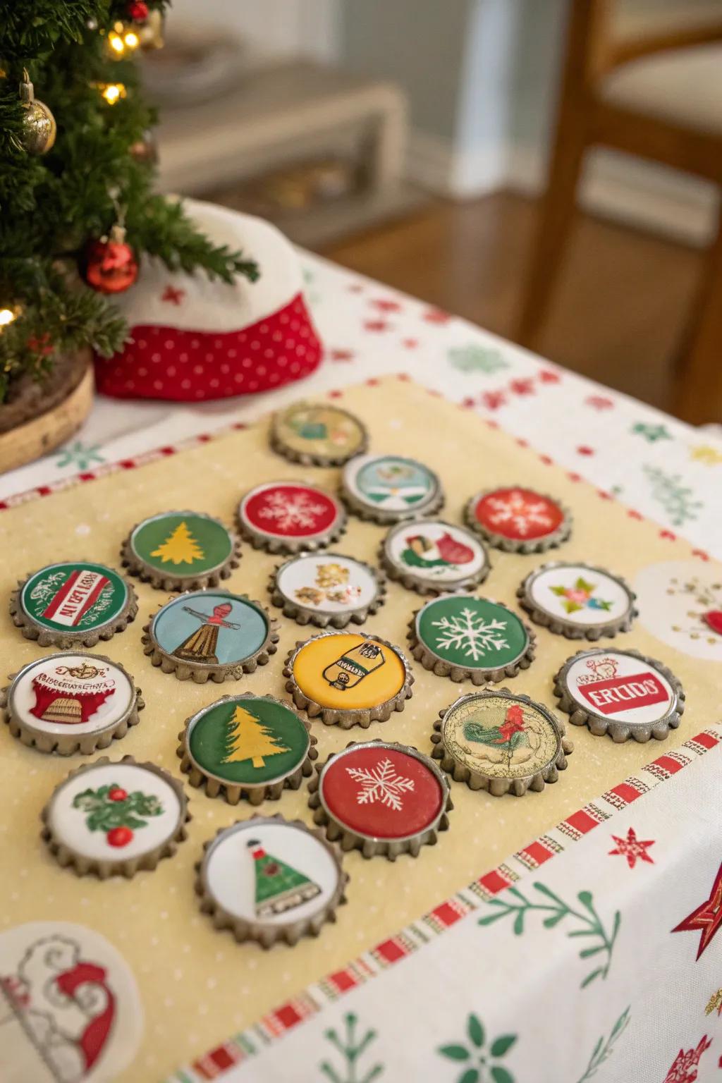 Holiday-themed bottle cap pins to celebrate every season.