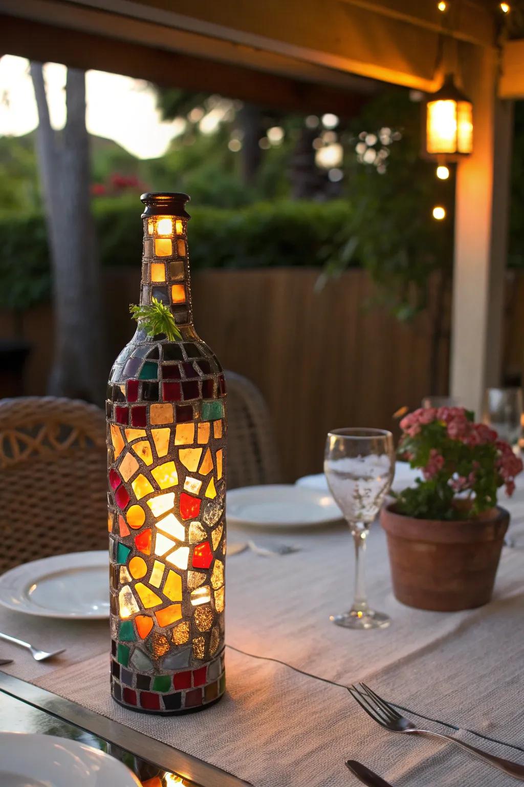 A mosaic masterpiece bottle lamp for outdoor gatherings.