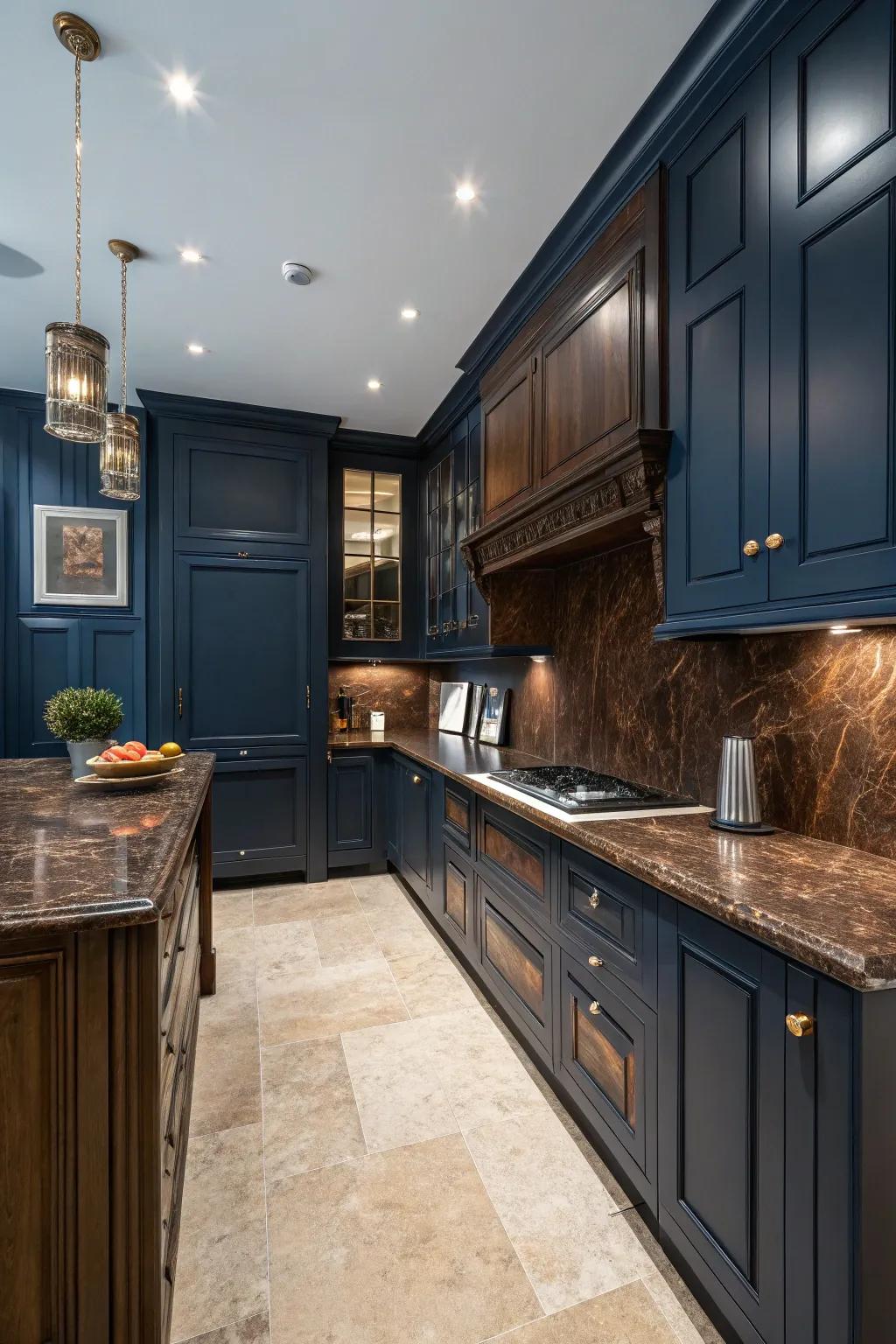 Navy blue walls make a bold statement with brown granite countertops.