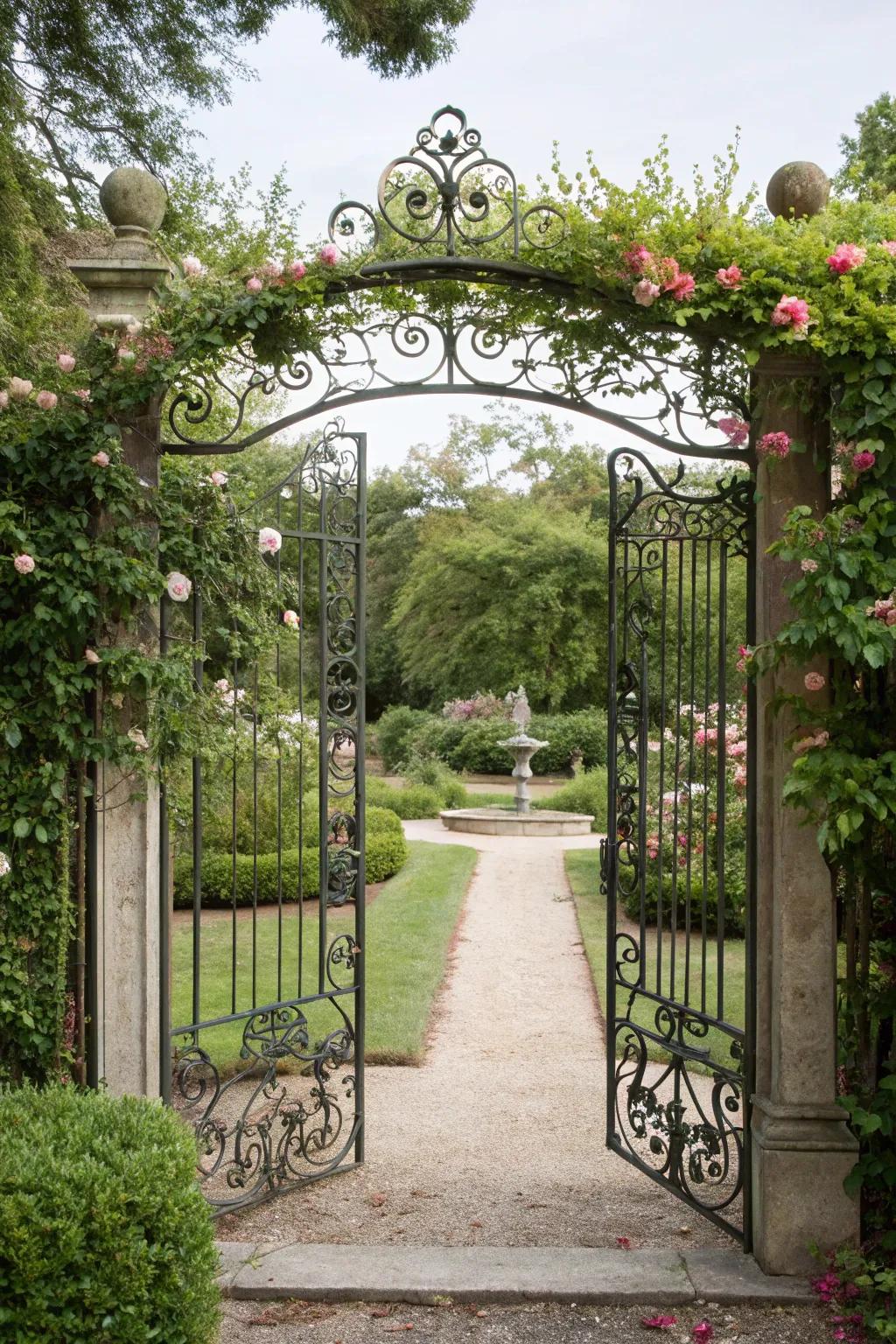 A wrought iron and wire hybrid gate adds sophistication and elegance.