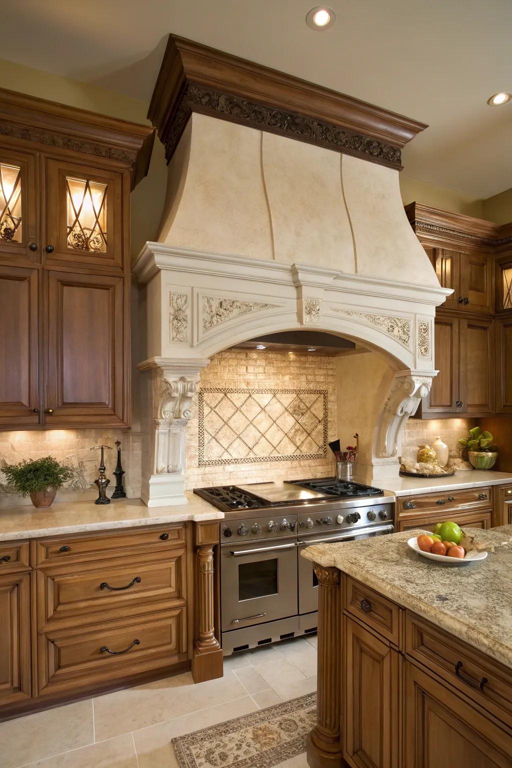 A classic kitchen with a range hood showcasing a substantial arch.