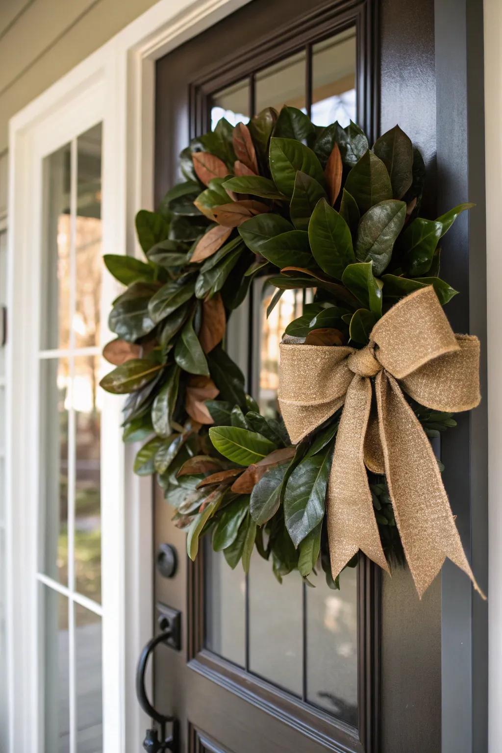 A magnolia leaf wreath adds Southern charm to the door.