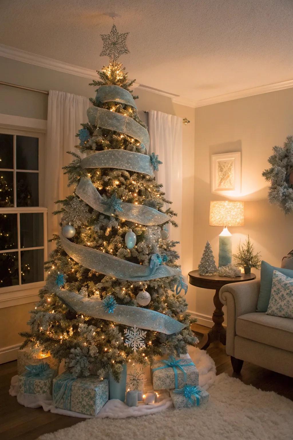 A serene Christmas tree featuring icy blue ribbons, creating a frosty winter wonderland effect.