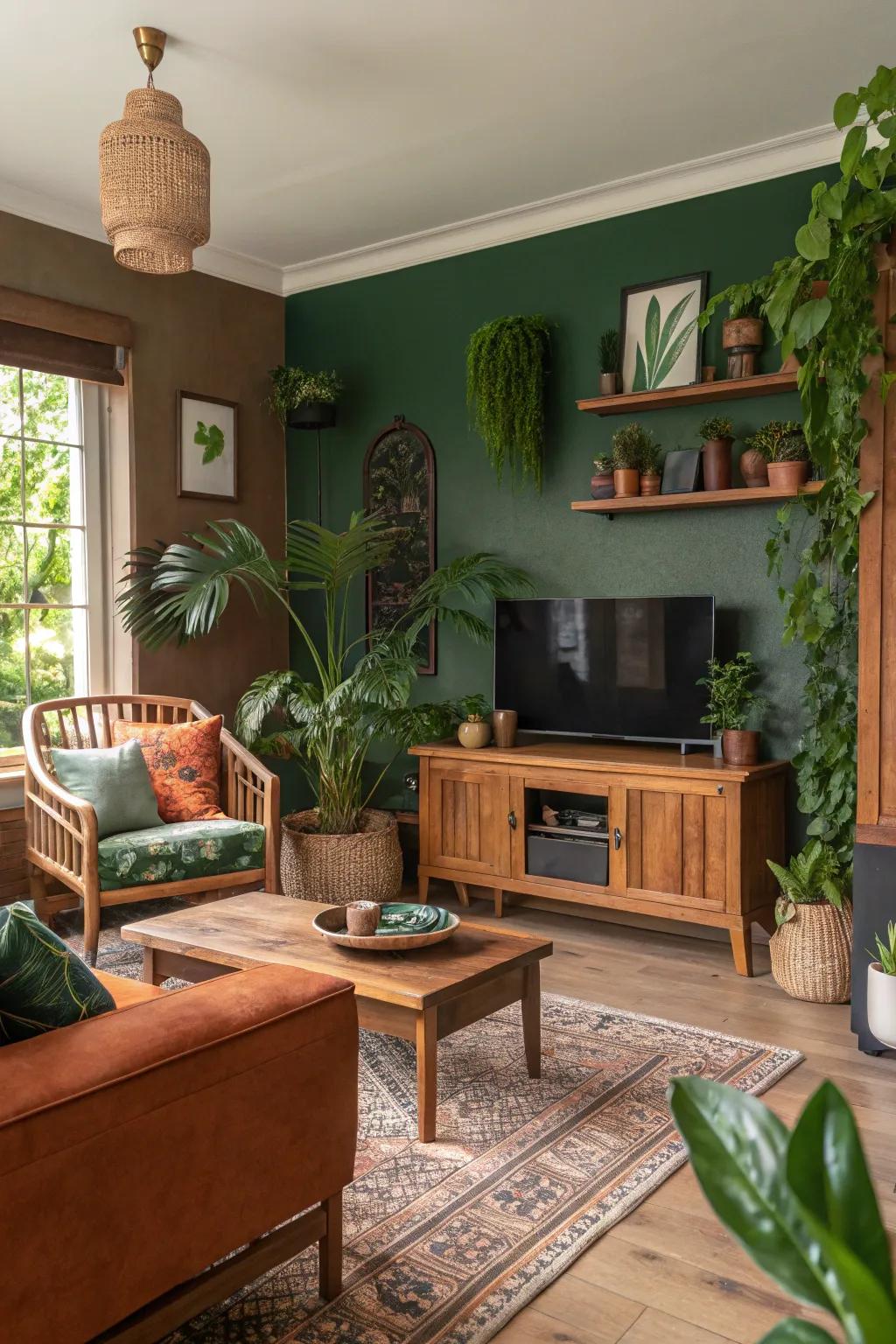 A cozy living room with rust and forest green decor.