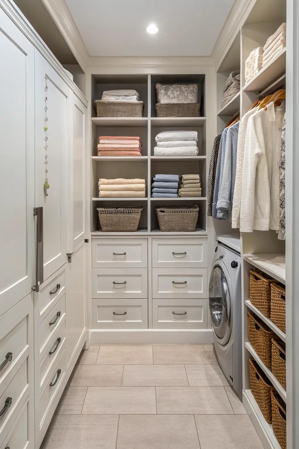 A dedicated linen area for orderly storage.