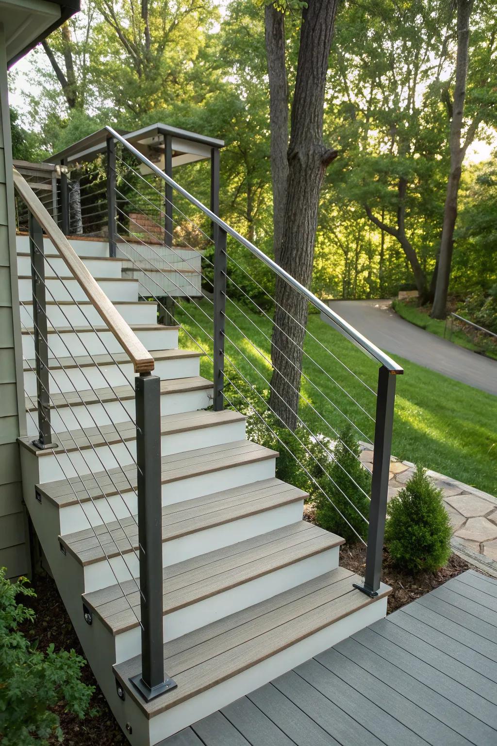 Sleek cable wire railings add a modern aesthetic to stairs.