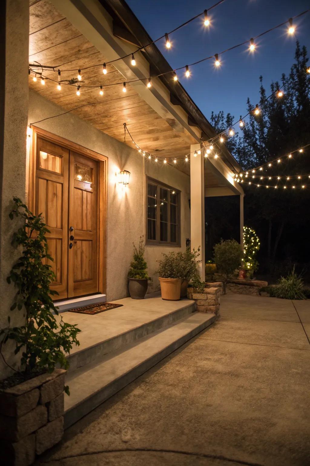 Ambient lighting creates an inviting atmosphere on a porch.