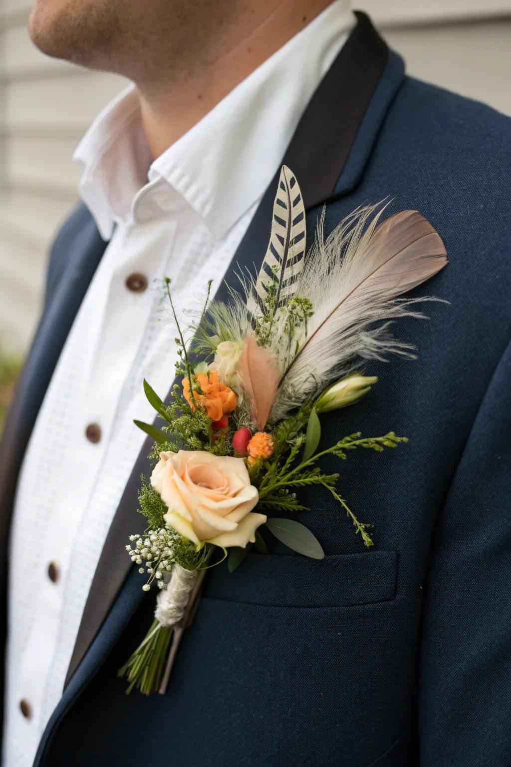 A feathered boutonniere with fresh flowers on a formal jacket.