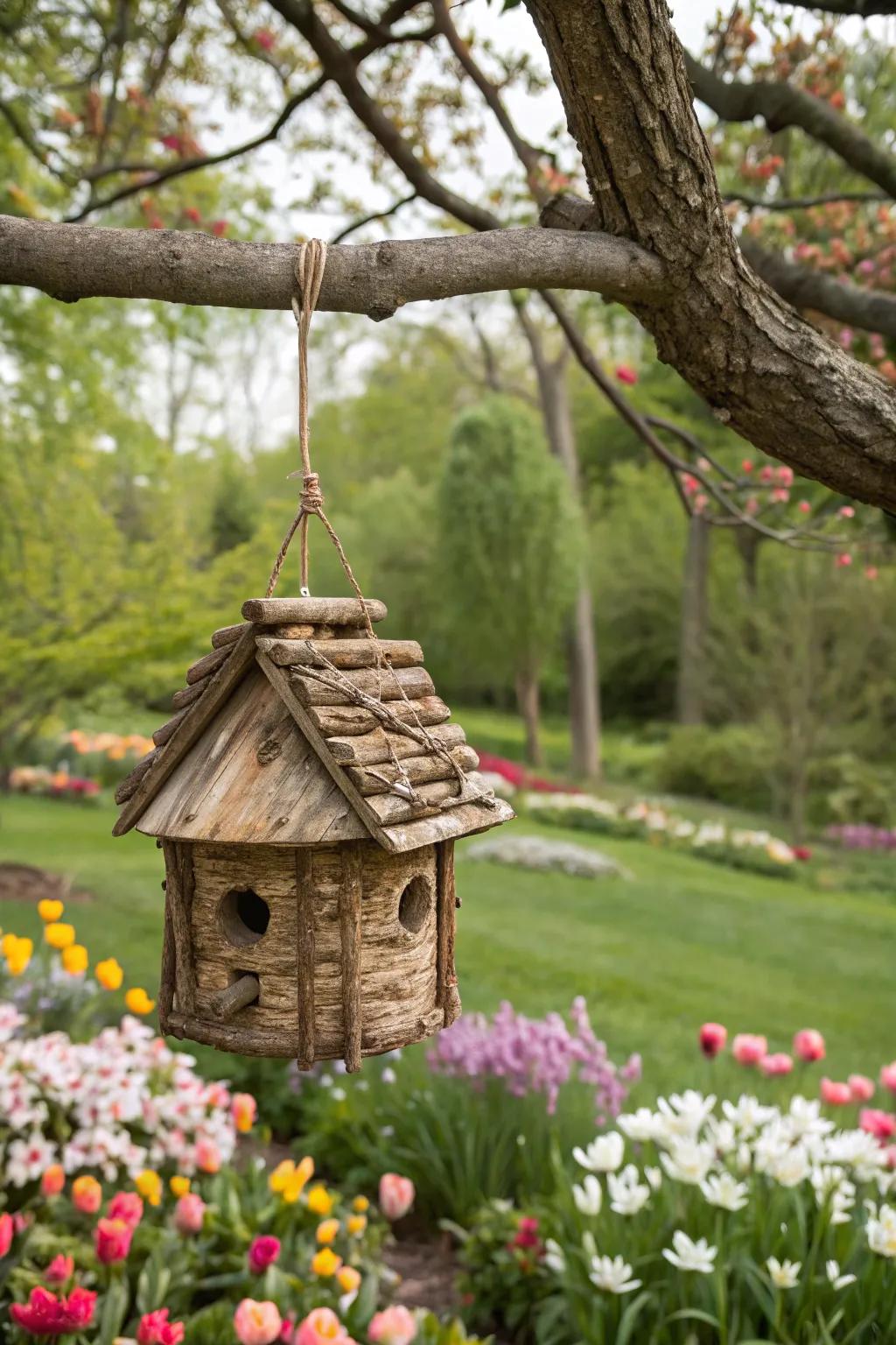 A charming birdhouse made from sticks, perfect for garden wildlife.