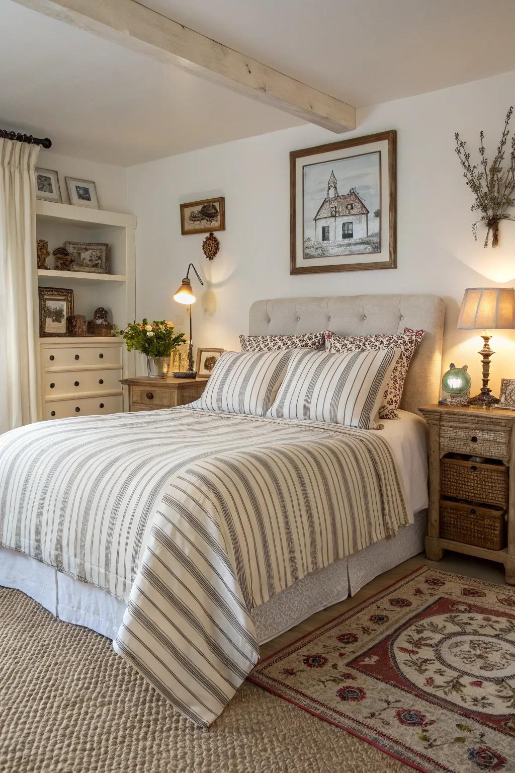 A classic striped bedspread brings structure and style to the bedroom.