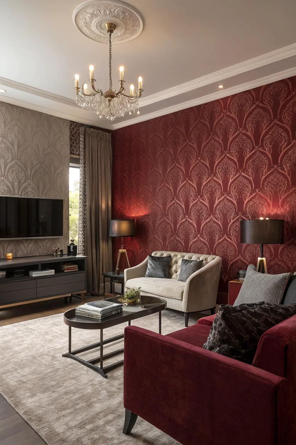 A dynamic living room with dark red textured wallpaper.