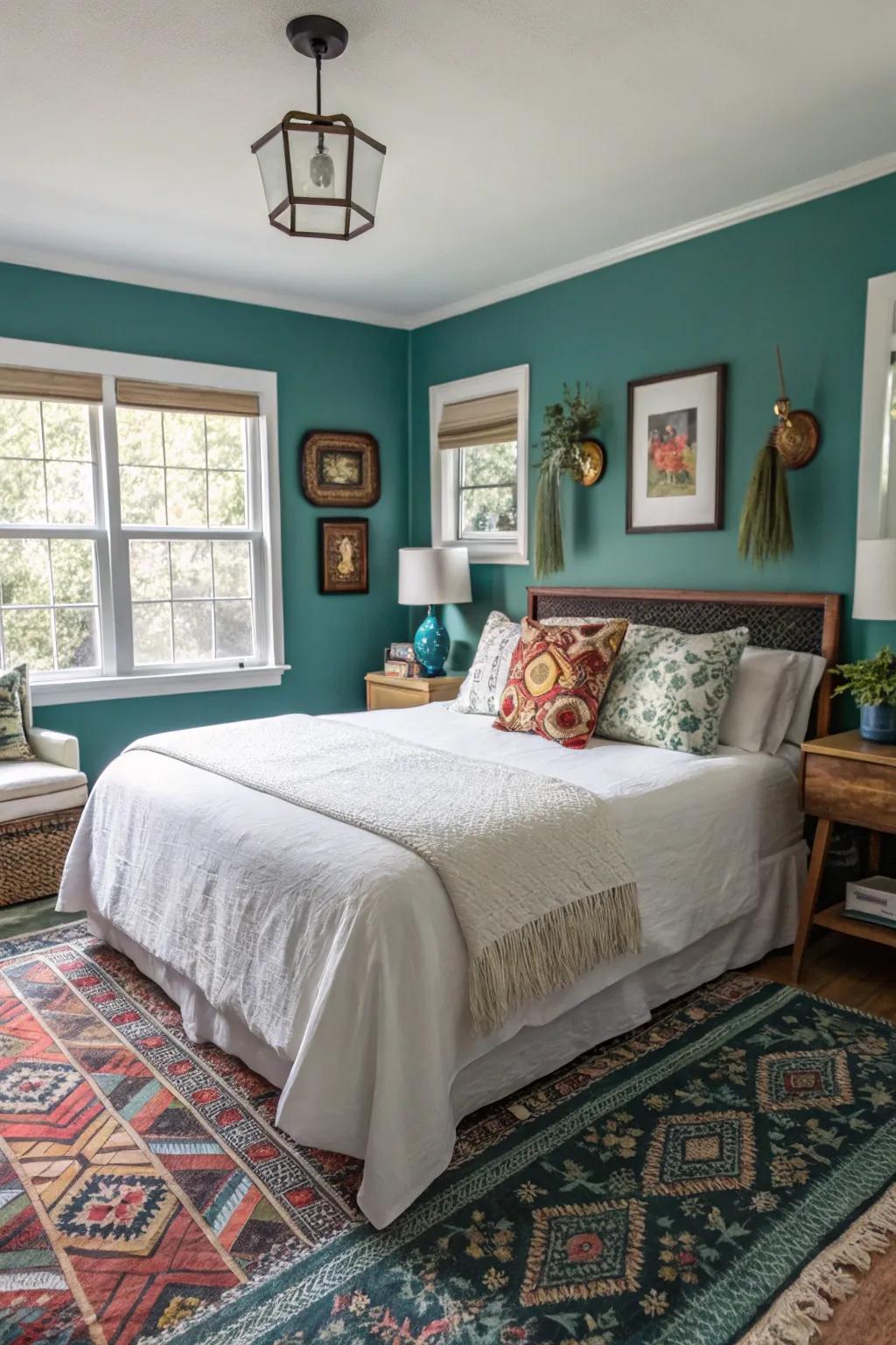 Teal walls create a vibrant yet calming guest room.