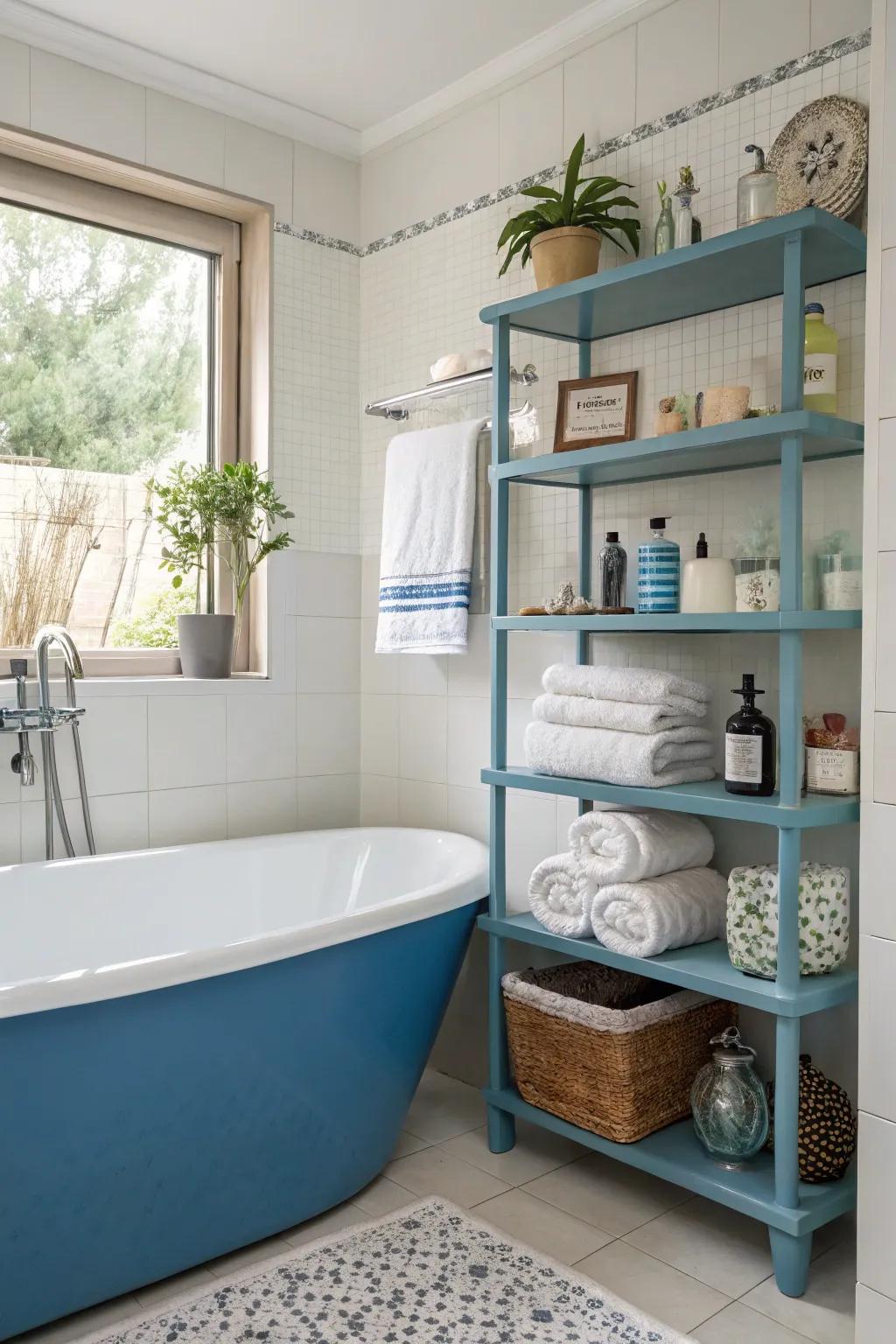 Floating shelves offer stylish storage around the blue bathtub.