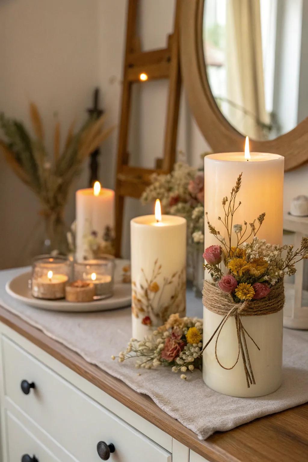 Candles beautifully decorated with dried flowers for a romantic touch.