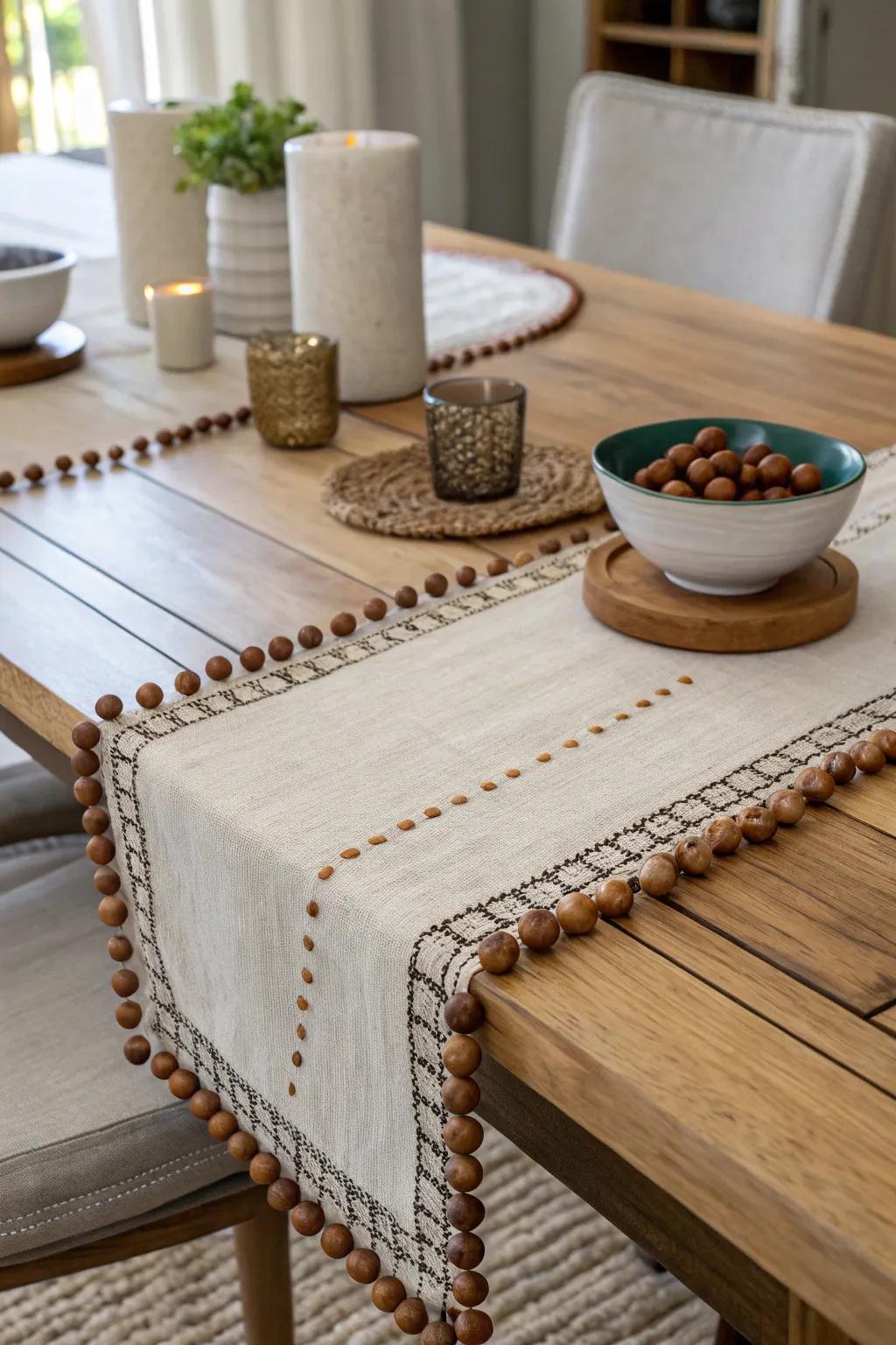 A table runner enhanced with wooden beads.