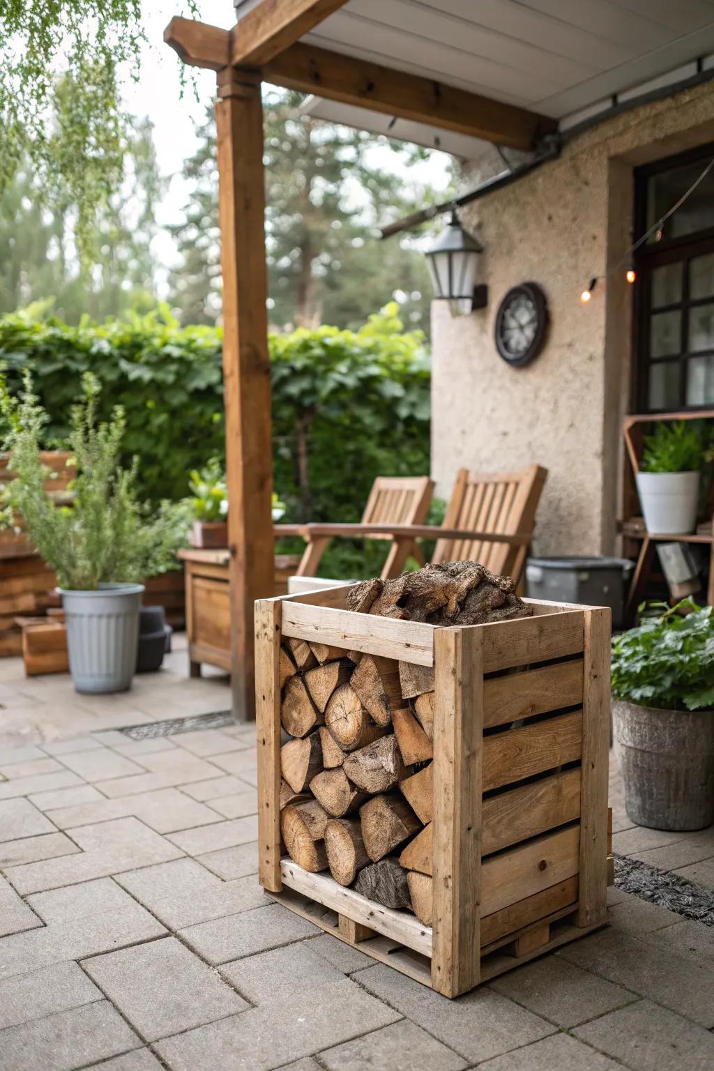 A wooden crate firewood storage adds rustic charm to the patio.