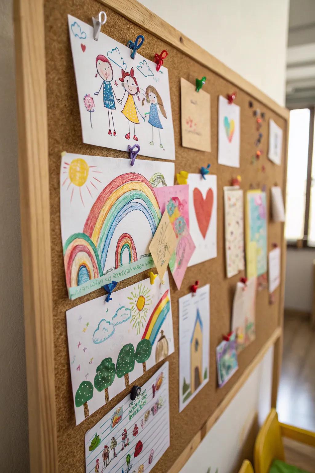 A classic corkboard with push pin clips displaying kids' artwork.