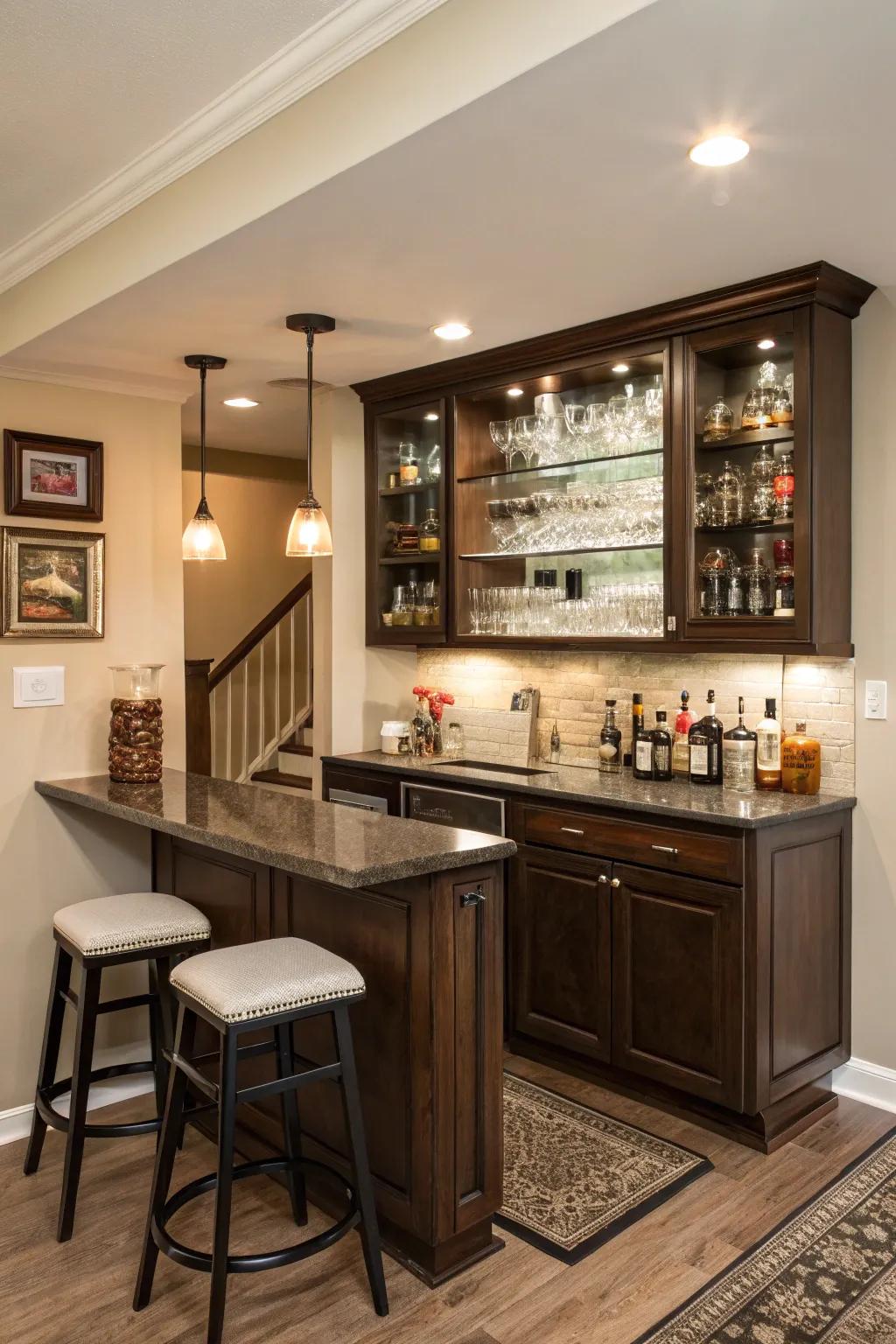 A kitchen nook becomes a convenient and stylish bar corner.