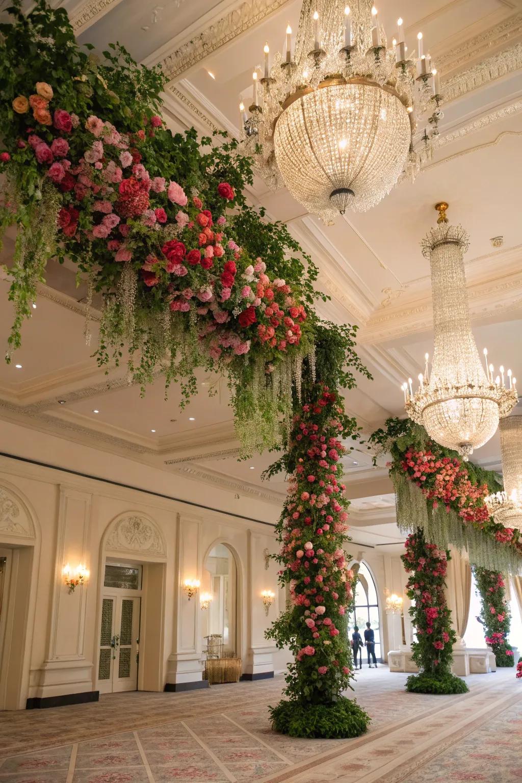 Dramatic hanging floral installations for a breathtaking wedding backdrop.