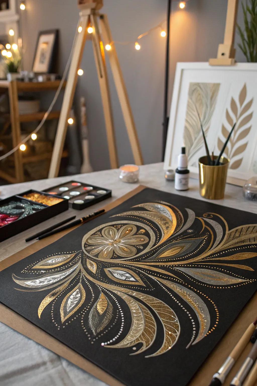 Metallic paints add a luxurious shimmer to black paper art.