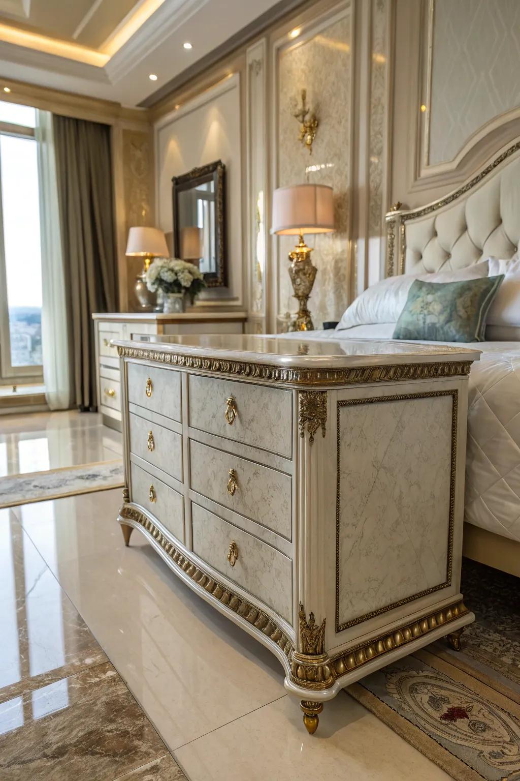 A marble dresser exudes understated luxury and sophistication.