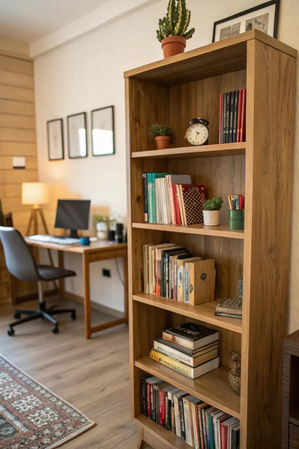 Organize your books with a stylish wooden bookshelf.