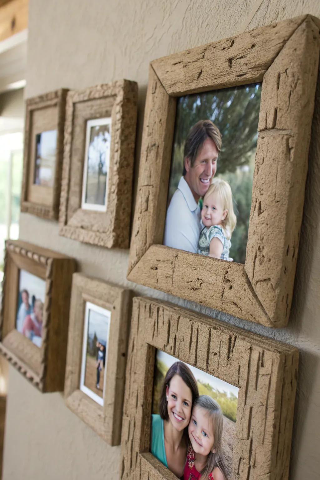 Handcrafted picture frames made from excavator clay, beautifully displaying family photos on a wall.