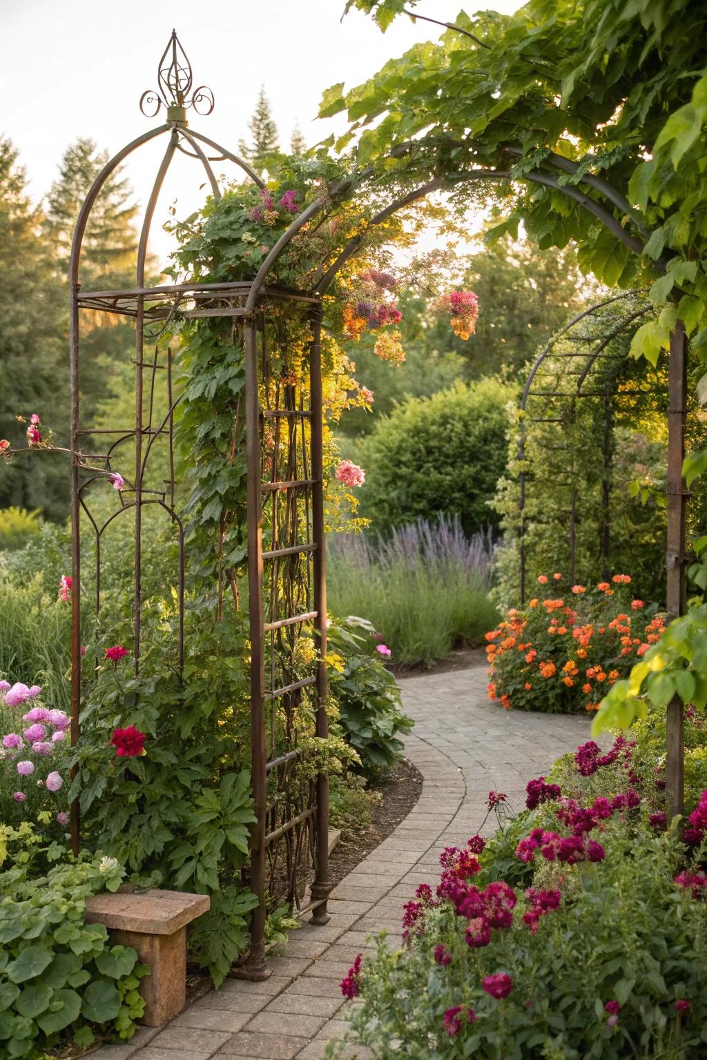 An artistic garden trellis that beautifies any garden.