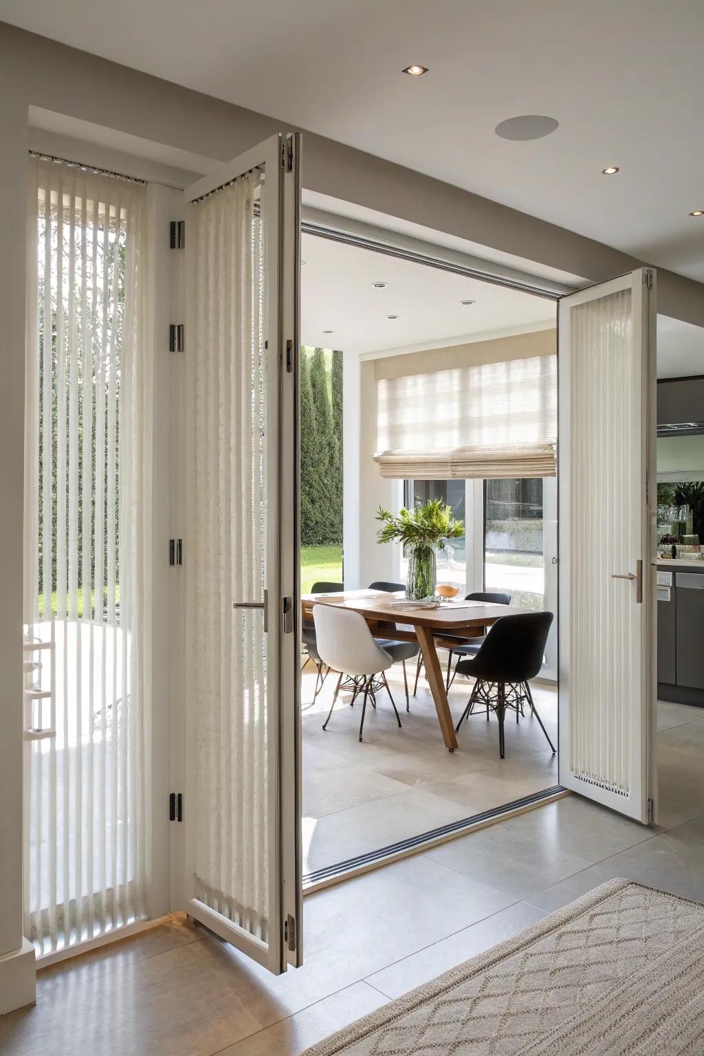 Practical vertical blinds providing functionality to wide French doors.