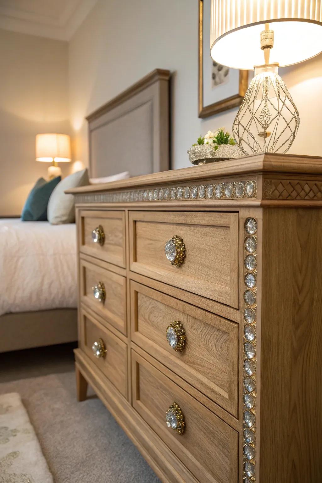 Glamorous gemstone drawer pulls giving a dresser a stylish update.