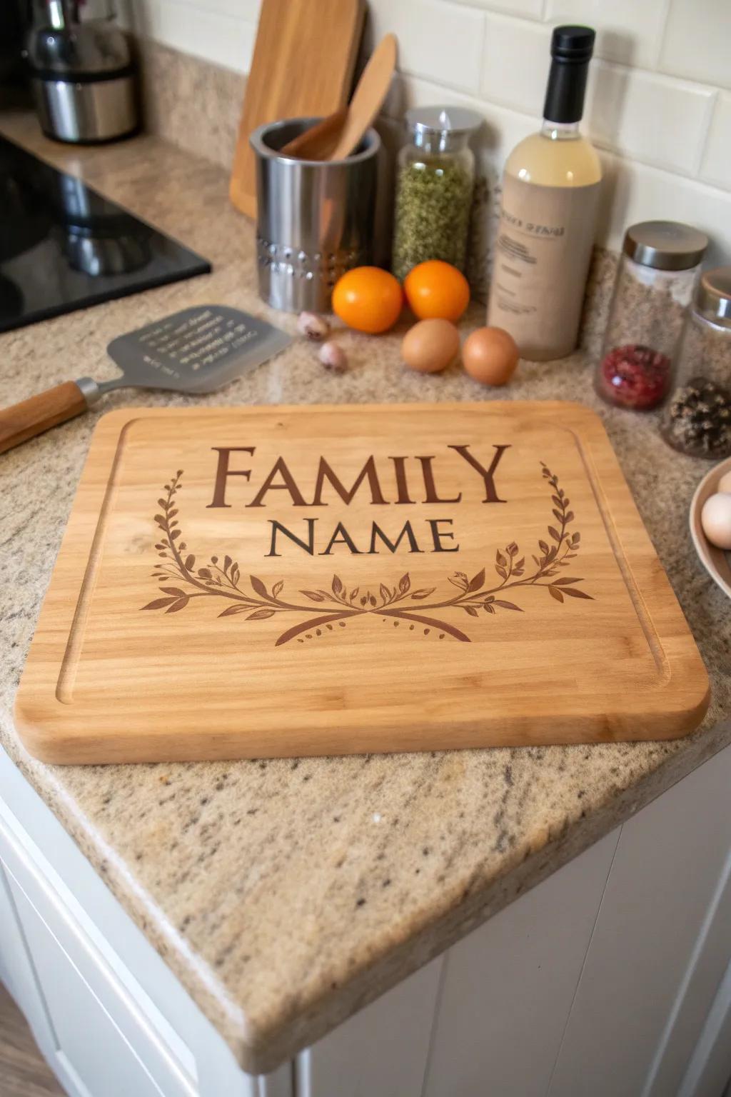 A custom engraved cutting board, blending practicality with personal style.