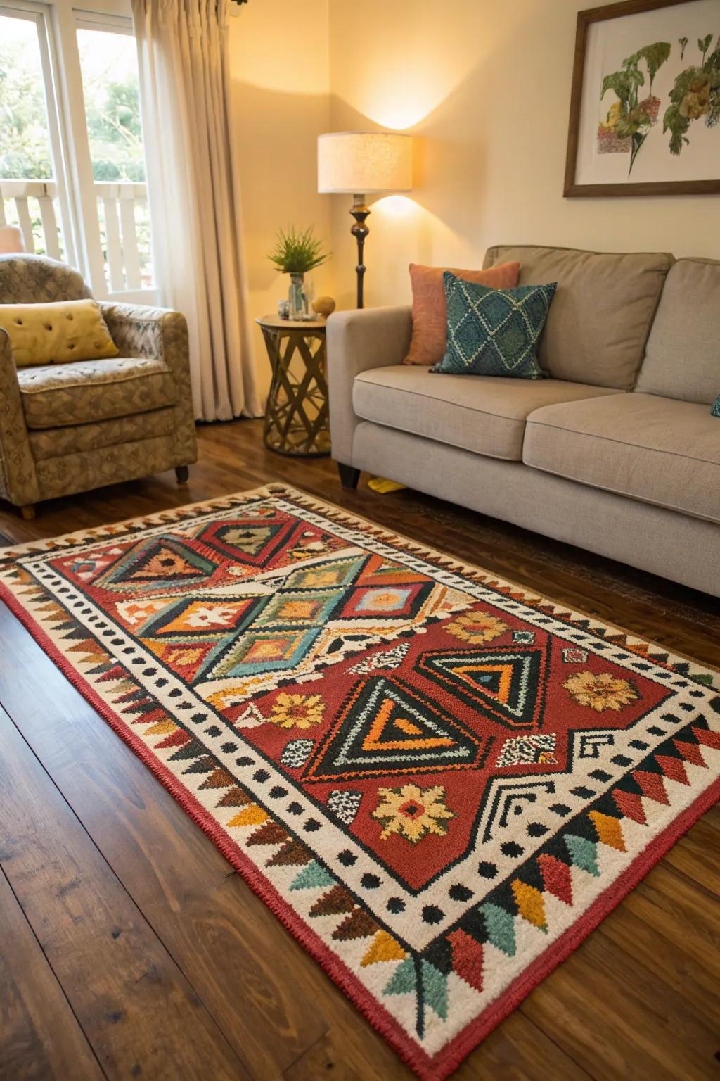 A decorative throw rug bringing warmth and style to a living space.