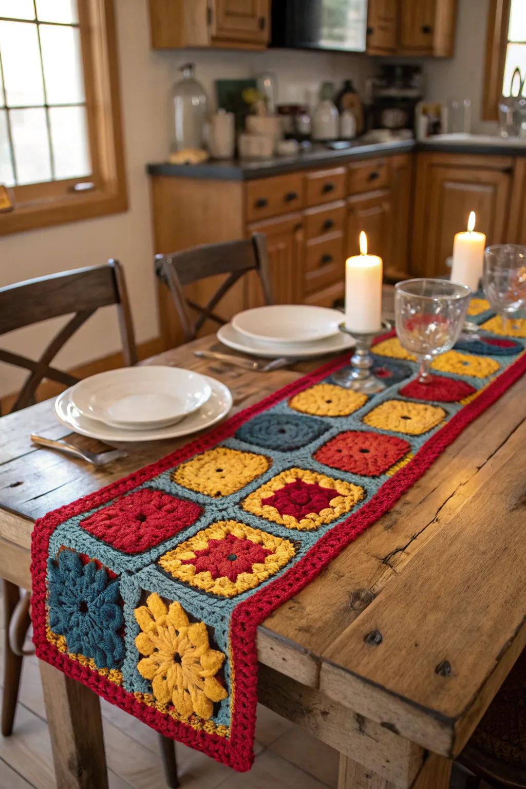 A colorful table runner made from granny squares, adding a touch of whimsy to any meal.