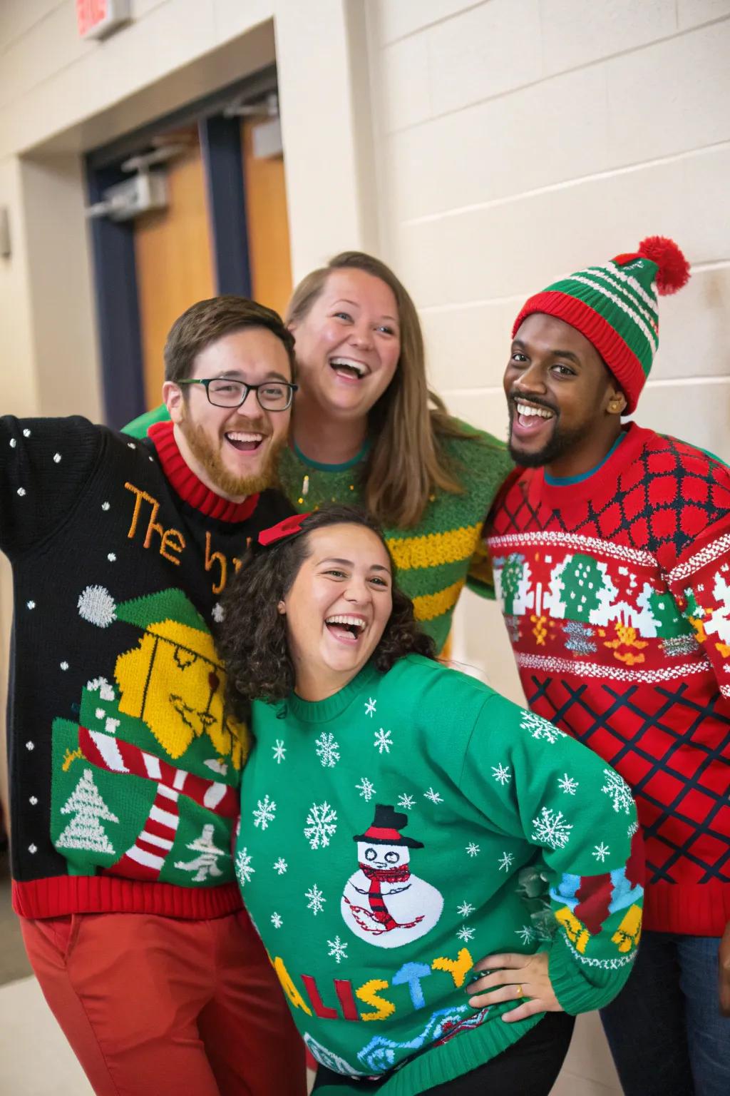 Friends showcasing their best ugly holiday sweaters.