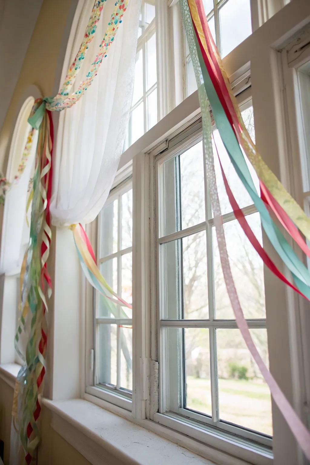 Elegant festive ribbons adorning a window.