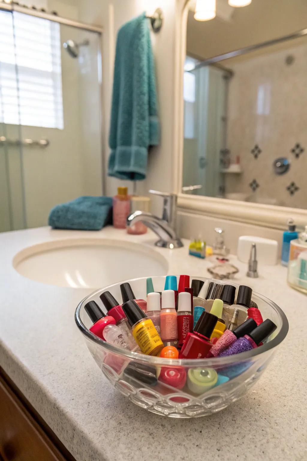 A glass bowl transforms your nail polish into a colorful display piece.