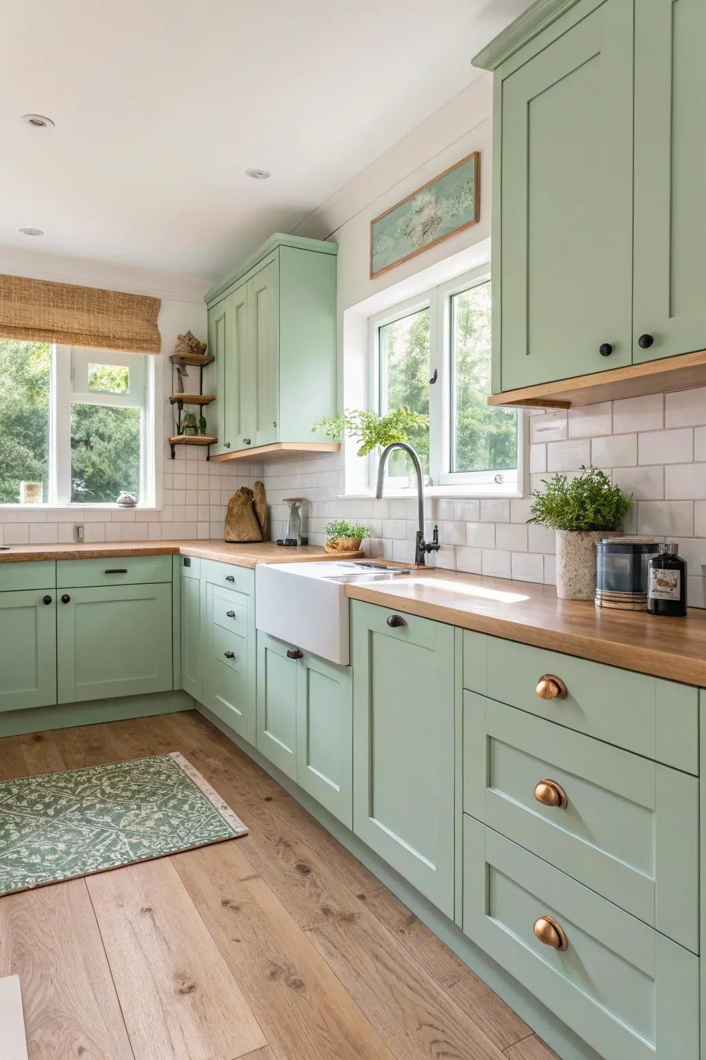 A refreshing kitchen with mint green highlights.