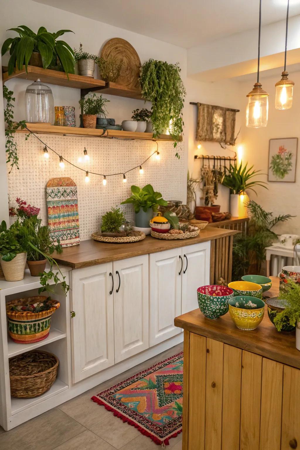 A warm and inviting kitchen peninsula with personalized decor.