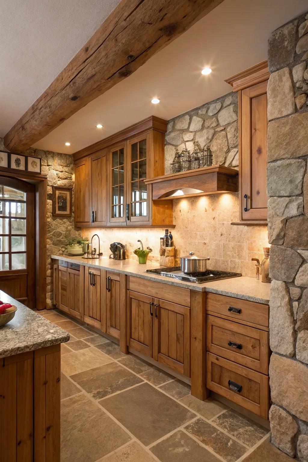 Natural elements bring warmth and a connection to nature in a windowless kitchen.