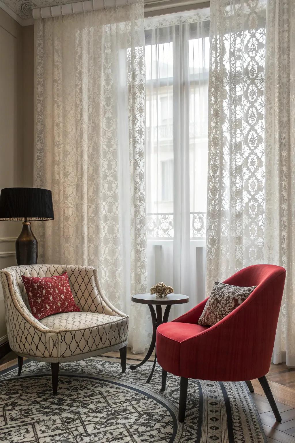 Bold furniture accents the softness of lace.