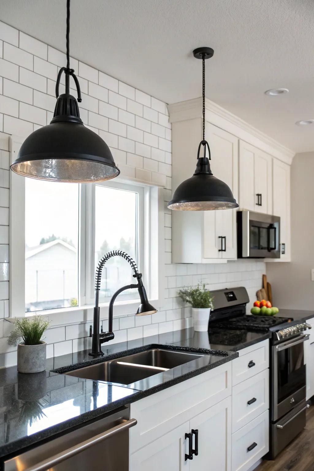 Black pendant lights add a modern touch of drama and elegance.