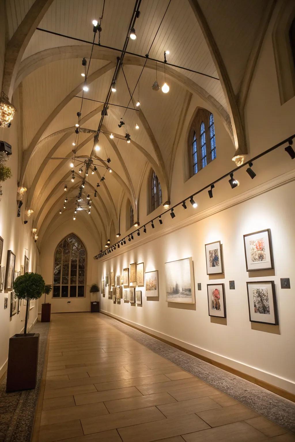 Spotlights emphasize artwork in a room with a vaulted ceiling.