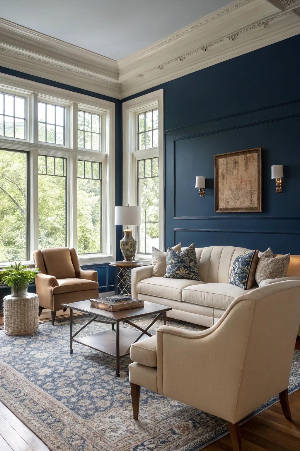 Navy blue walls add nautical charm and elegance to this living room.