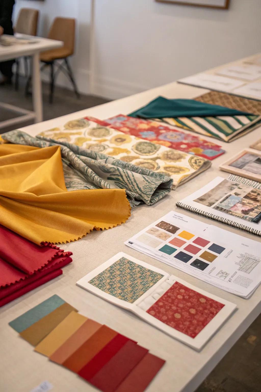 Fabric samples illustrating how textiles will work together.