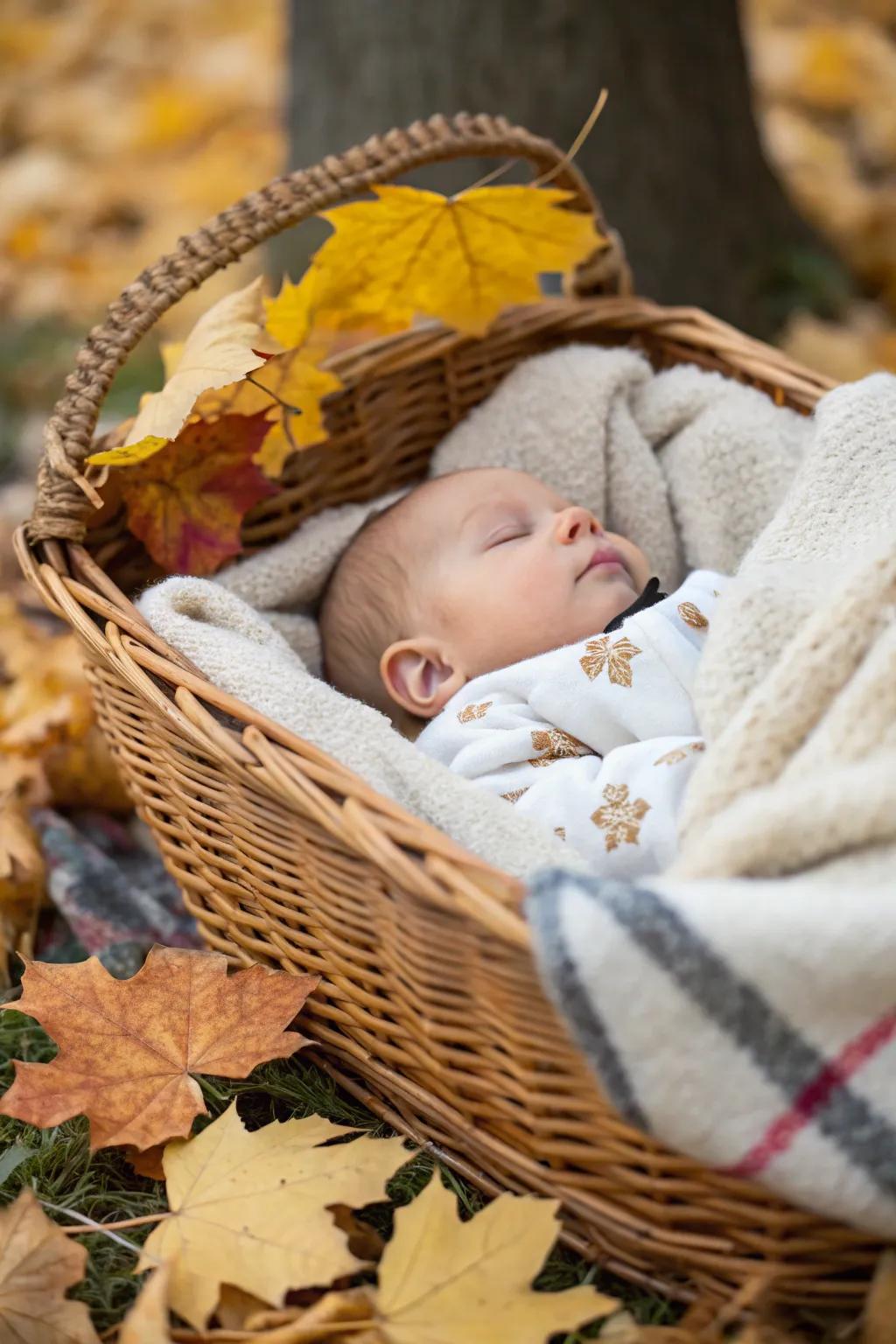 A cozy autumn basket setting for a newborn's first Halloween.