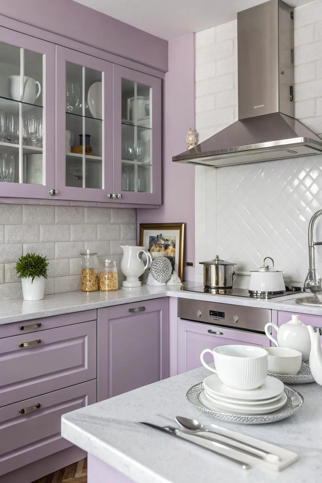 Soft lilac walls bring a gentle elegance to the kitchen.