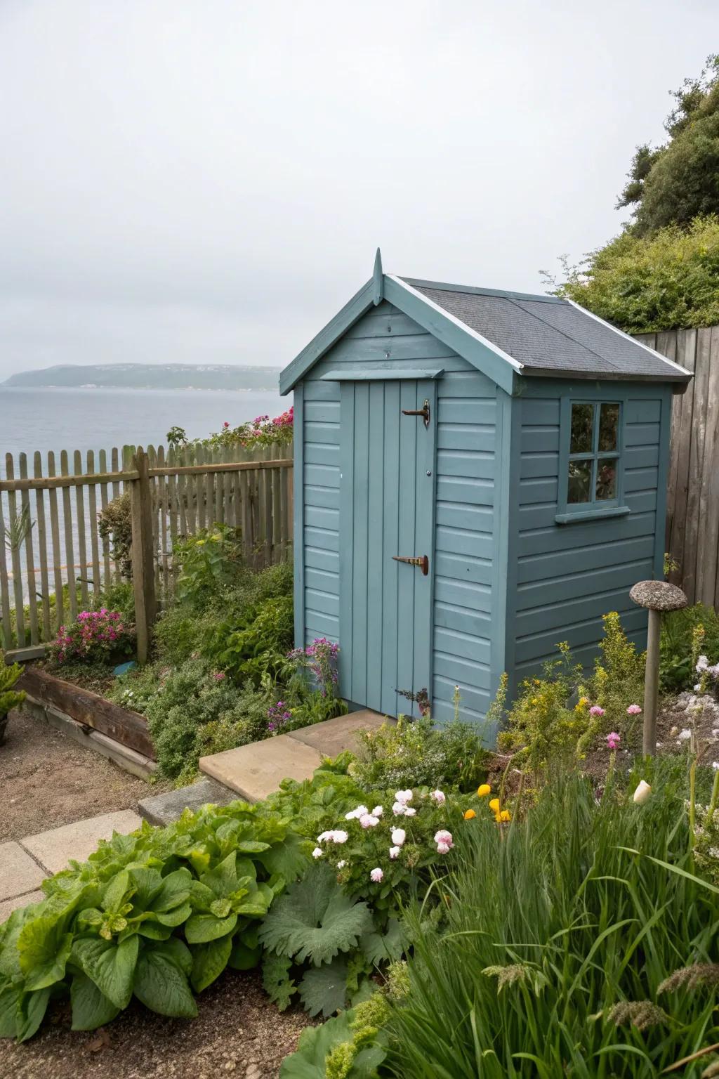 A steely blue-grey shed reflecting coastal garden tones.