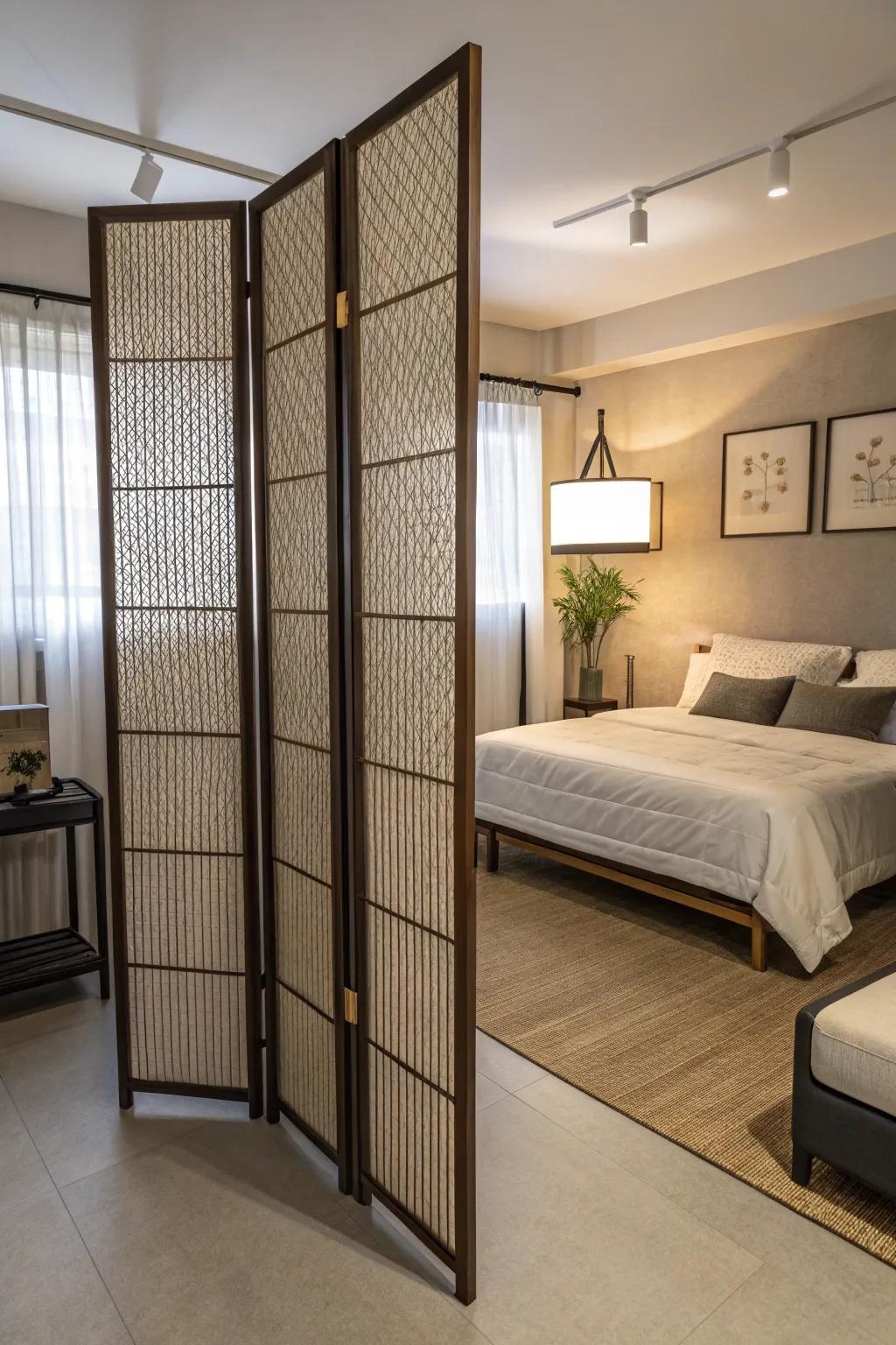 A folding screen providing privacy between sleeping areas in a small room.